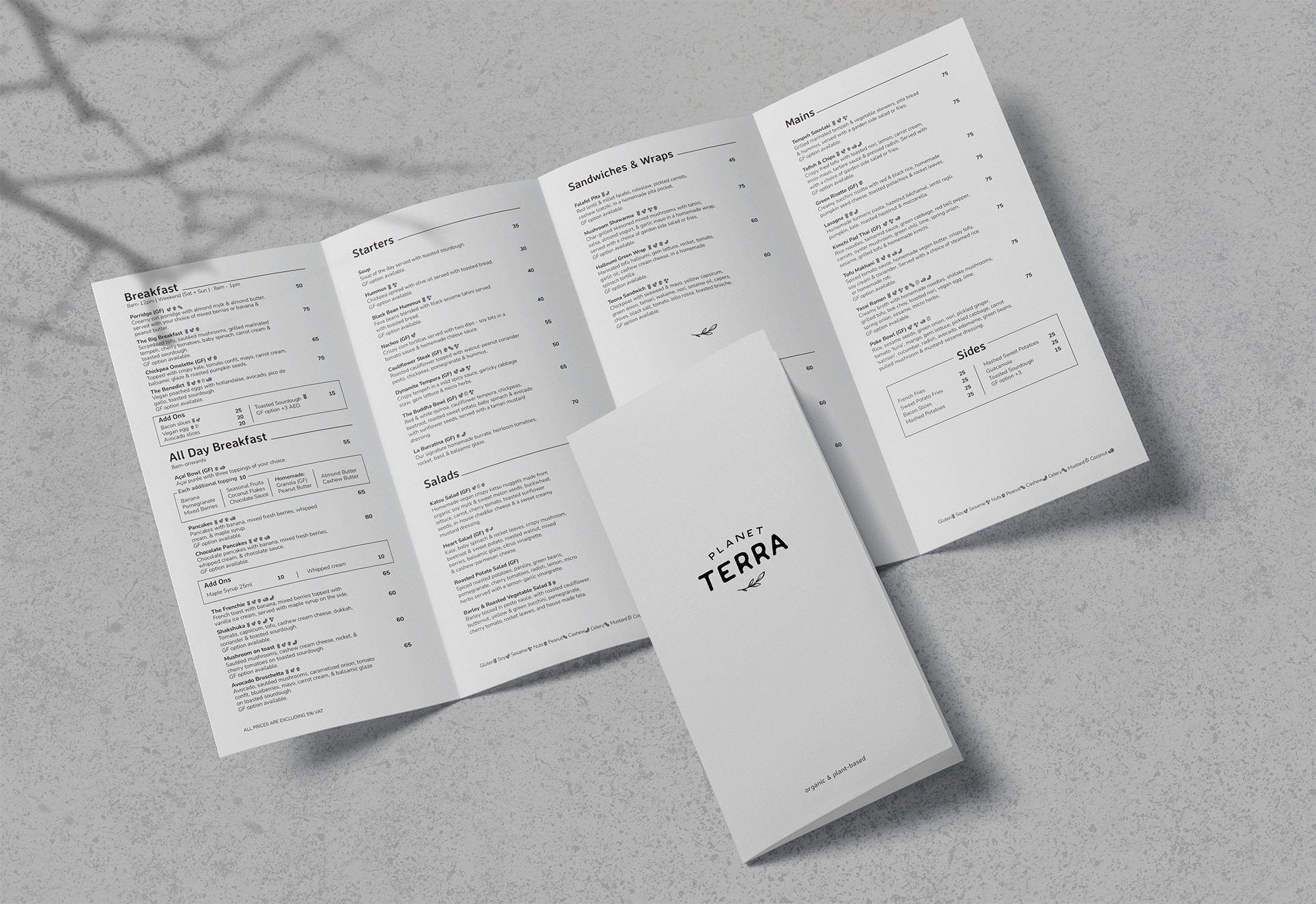 Diseño de menú plegable para restaurante vegano en Dubai